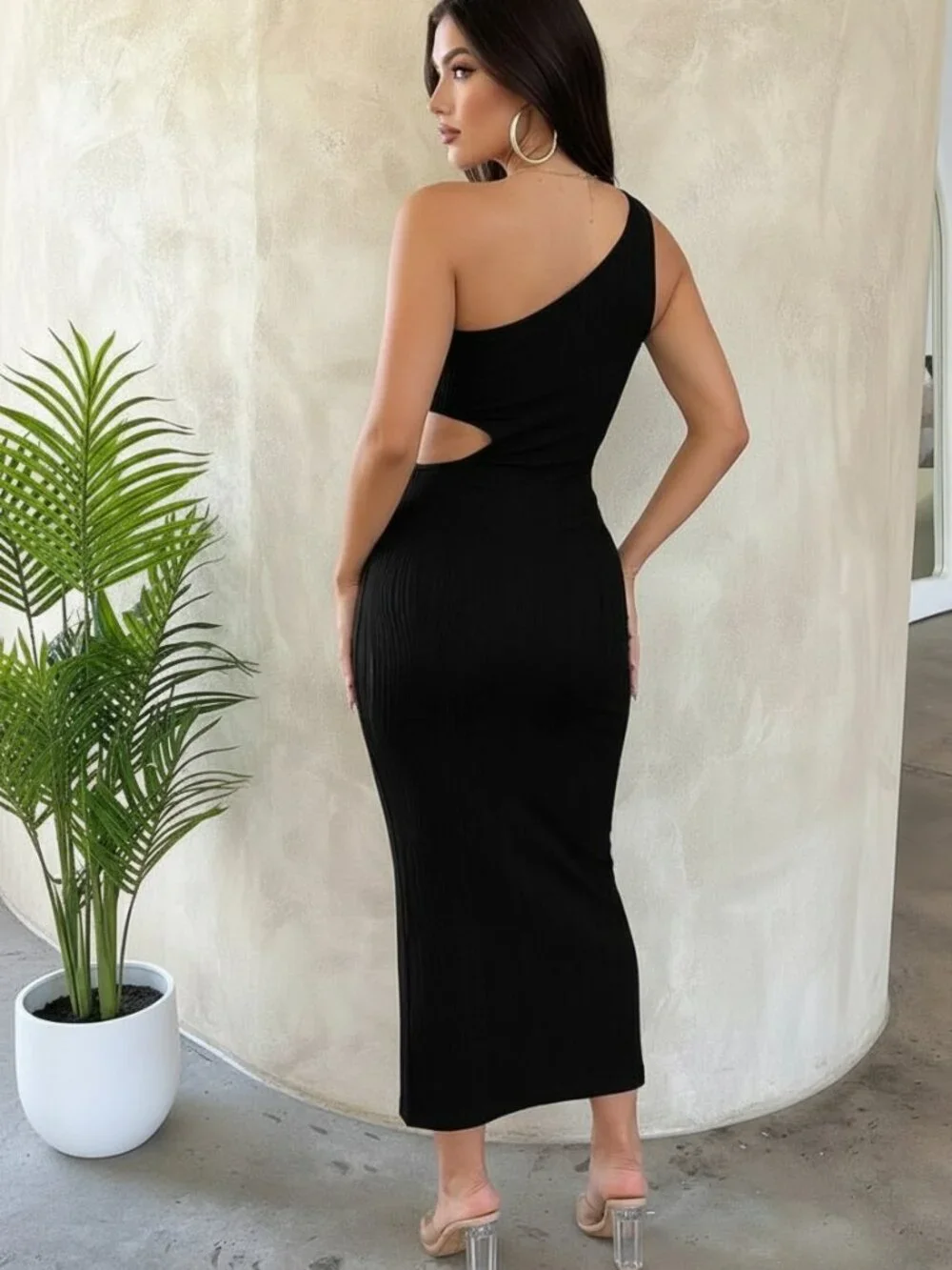 That's So Fetch Trami One Shoulder Cut Out Bodycon Midi Dress Black 8 NWT - Picture 2 of 13